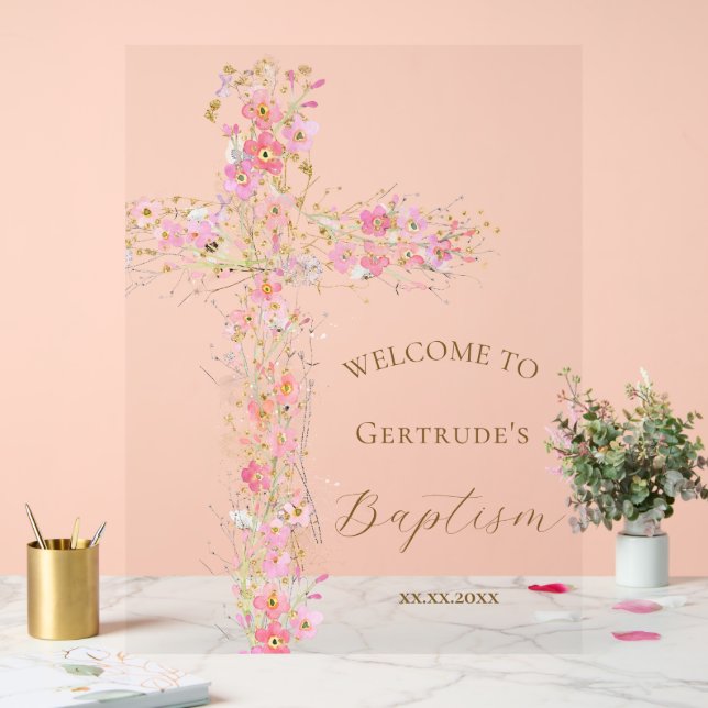 Baptism pink flowers cross welcome clear sign acrylschild (Hochzeit)