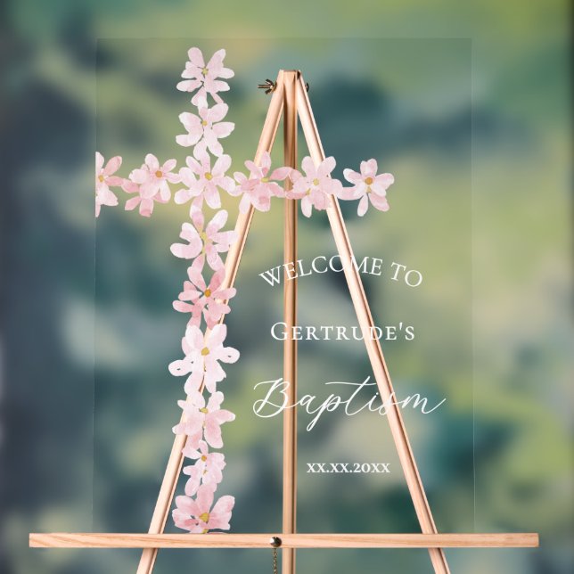 Baptism pink flowers cross welcome clear sign acrylschild (Neutral)