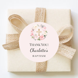 Baptism pink girl florals wreath cross thank you runder aufkleber
