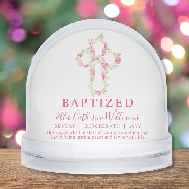 Baptism Pink Watercolor Floral Cross Custom  Schneekugeln (Von Creator hochgeladen)
