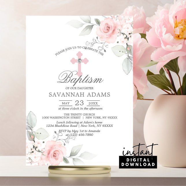 BAPTISM Wasserfarbe Rosa Rose Einladung (BAPTISM Watercolor Pink Rose Girl Invitation | Christening Flowers Cross)