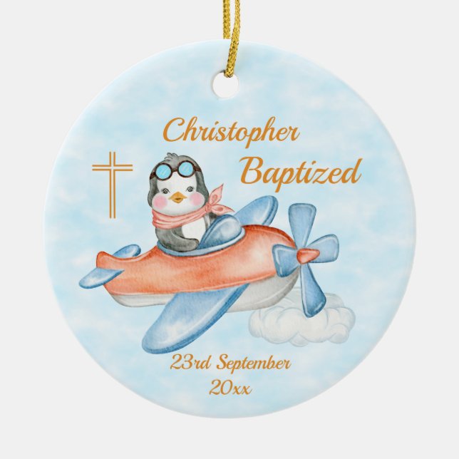 Baptism Watercolor Baby Penguin Airplane Keramik Ornament (Vorne)