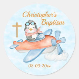 Baptism Watercolor Baby Penguin Airplane Runder Aufkleber