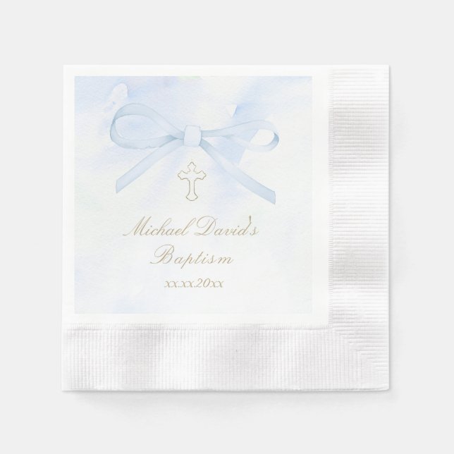 Baptism watercolor blue bow serviette (Vorderseite)
