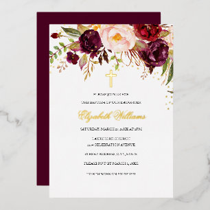 Baptismus der Burgunder Roten Gold-Blütenkreuz Folieneinladung