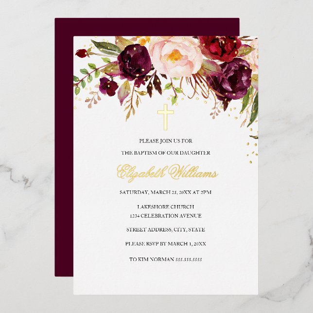 Baptismus der Burgunder Roten Gold-Blütenkreuz Folieneinladung (Vorderseite/Rückseite)