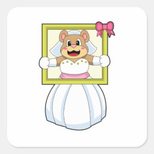 Bär als Braut mit Hochzeitskleid & Bilderrahmen. Quadratischer Aufkleber