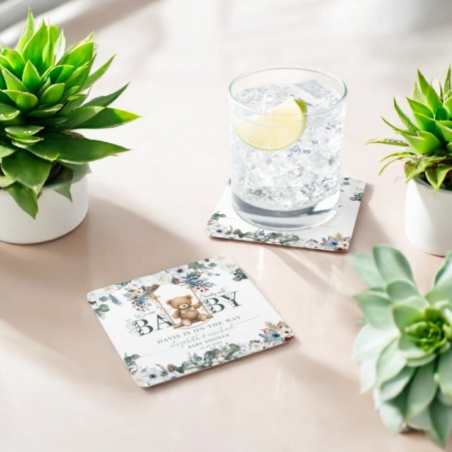 Bär auf Swing Sage Green Neutral Baby Dusche Rechteckiger Pappuntersetzer (Von Creator hochgeladen)