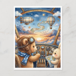 Bär Aviator Heißluftballon Sonnenuntergang Abenteu Postkarte