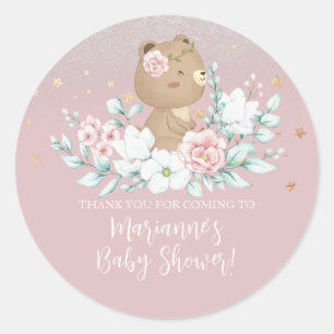 Bär Baby-Party Blumenglitter Gedämpft Rosa Runder Aufkleber