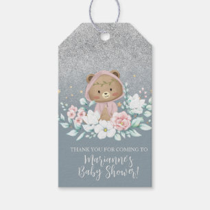 Bär Baby Shower Floral Glitter Blau Boho Geschenkanhänger