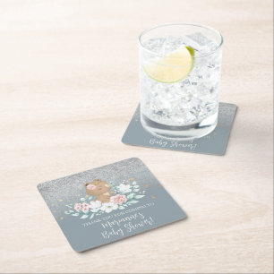 Bär Baby Shower Floral Glitter Gedämpft Blau Rechteckiger Pappuntersetzer