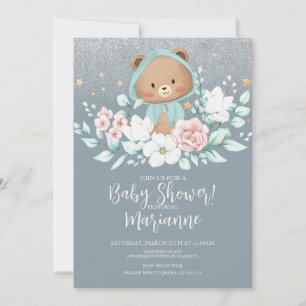 Bär Baby Shower Floral Glitter Staubblau Einladung