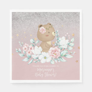 Bär Baby Shower Florales Glitter Gedämpft Rosa Serviette