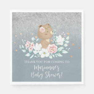 Bär Baby Shower Florales Glitter gedämpftes Blau Serviette