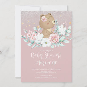 Bär Baby Shower Florales Glitter Gedämpftes Rosa Einladung