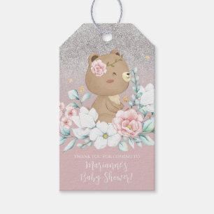 Bär-Babyparty-Blumen-Glitter-Matter Rosa Geschenkanhänger