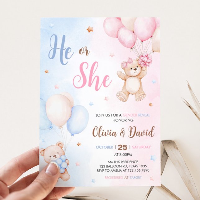 Bär-Ballon-Geschlecht-Enthüllung  Einladung (Bear Balloon He or She Gender Reveal Invitation)