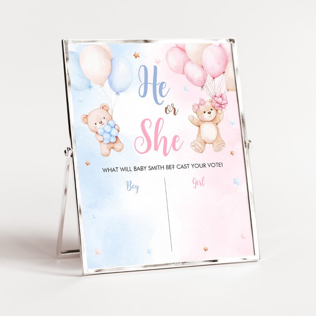 Bär-Ballon-Geschlechtsenthüllungs-Schild Poster (Bear Balloon He or She Gender Reveal Voting Sign)
