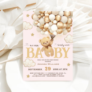Bär-Balloons-Mädchen-Baby-Party Soft Pink Boho Einladung