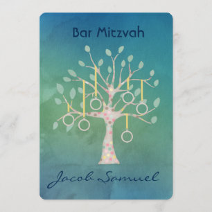 Bar Bat Bnai Tree of Life Mitzvah Wasserfarbe Blau Einladung