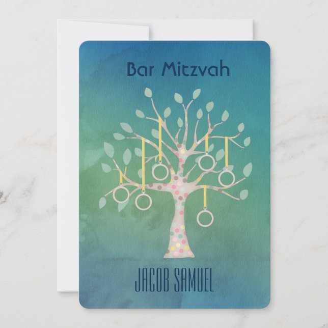 Bar Bat Bnai Tree of Life Mitzvah Wasserfarbe Blau Einladung (Vorderseite)