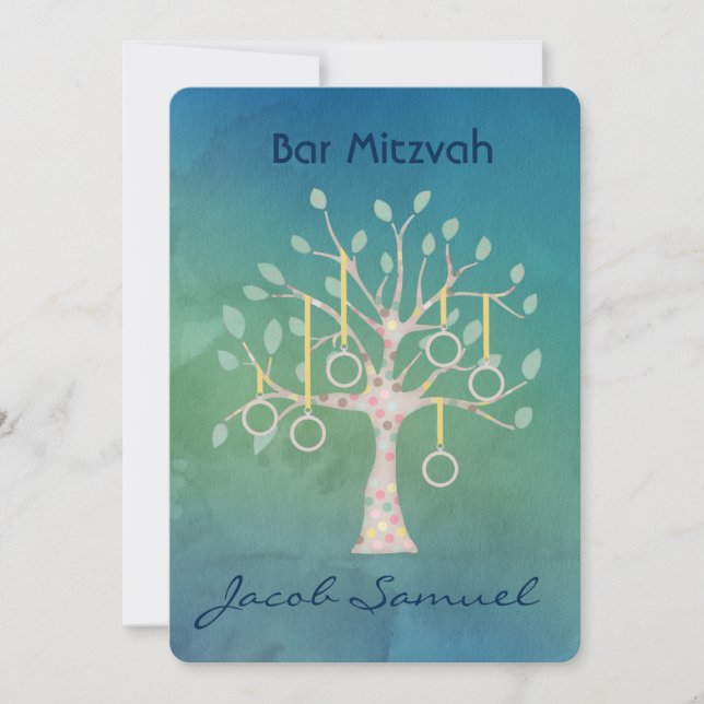 Bar Bat Bnai Tree of Life Mitzvah Watercolor Blau Einladung (Vorderseite)