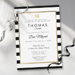 Bar, Bat Mitzvah Classic Schwarz-weiß Stripe Gold Einladung<br><div class="desc">Dieses elegante Bar oder Bat Mitzvah mit klassisch schwarz-weißem Streifenhintergrund besticht durch eine elegante Imitat-Goldfolie,  die Ihr Set in eleganter Typografie umrahmt. Entwickelt von Thisisnotme©</div>