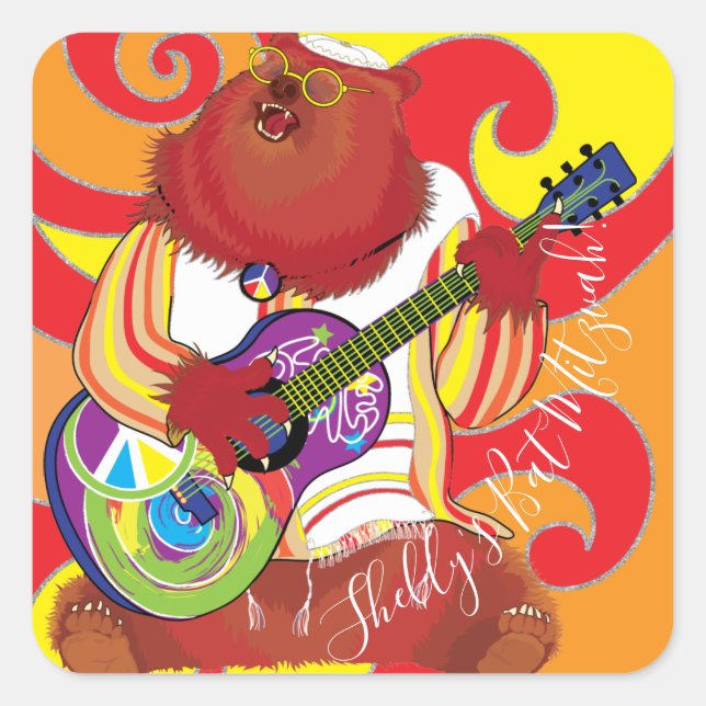 Bar Bat Mitzvah Hippie Singbear Quadratischer Aufkleber (Vorderseite)