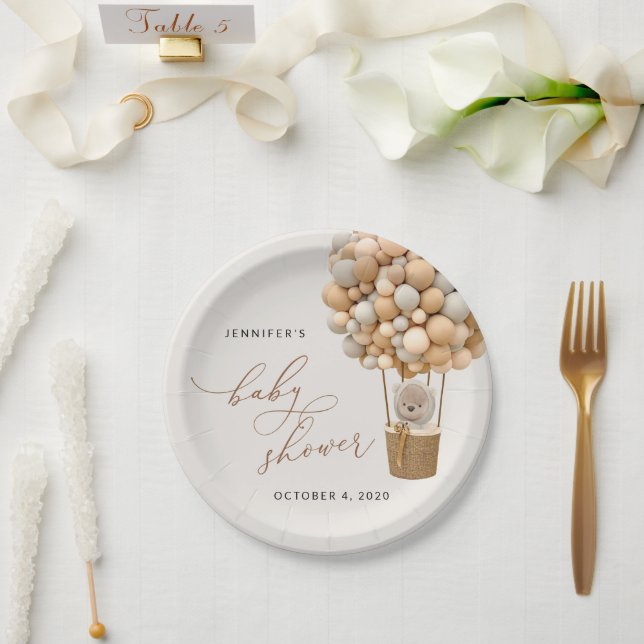 Bär, Beige Balloons, Heißluftballon, Babydusche Pappteller (Hochzeit)