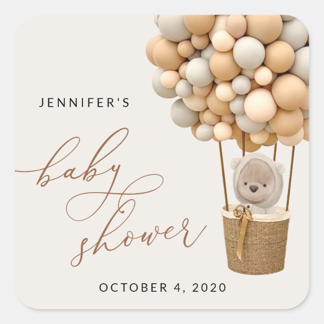 Bär, Beige Balloons, Heißluftballon, Babydusche Quadratischer Aufkleber (Vorderseite)