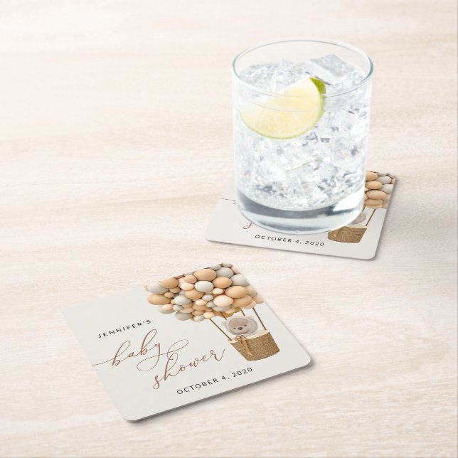 Bär, Beige Balloons, Heißluftballon, Babydusche Rechteckiger Pappuntersetzer (Vor Ort)