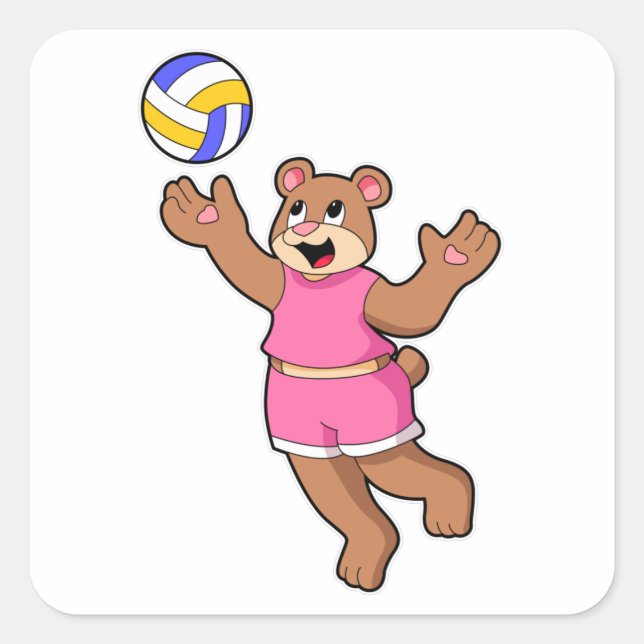 Bär beim Volleyball-Sport Quadratischer Aufkleber (Vorderseite)