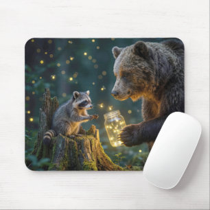 Bär bietet einem Waschbären ein Glas Leuchtkäfer a Mousepad
