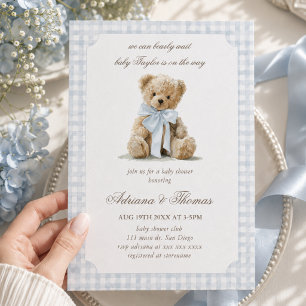 Bär Blau Gingham Jungen Baby Shower Einladung