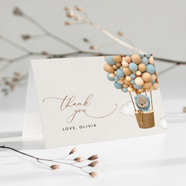 Bär, Blaue Balloons, Heißluftballon, Babydusche Dankeskarte (Von Creator hochgeladen)