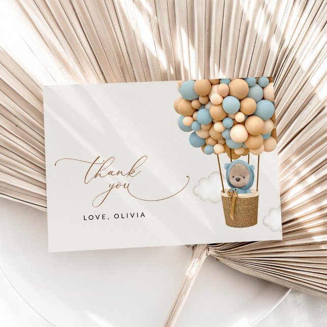 Bär, Blaue Balloons, Heißluftballon, Babydusche Dankeskarte (Von Creator hochgeladen)