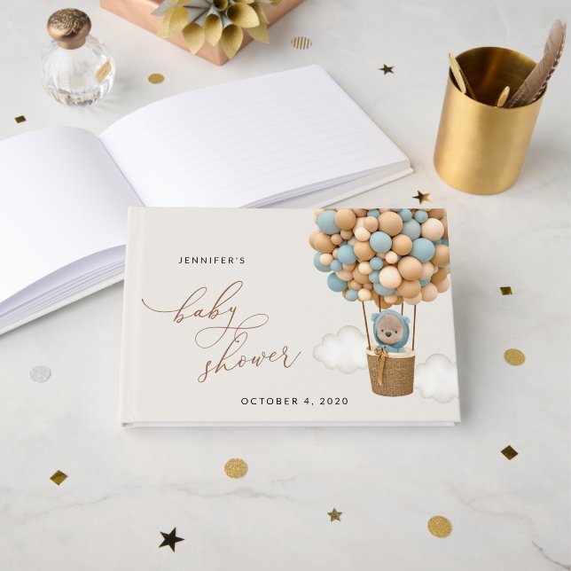 Bär, Blaue Balloons, Heißluftballon, Babydusche Gästebuch (Vorderseite Offen)