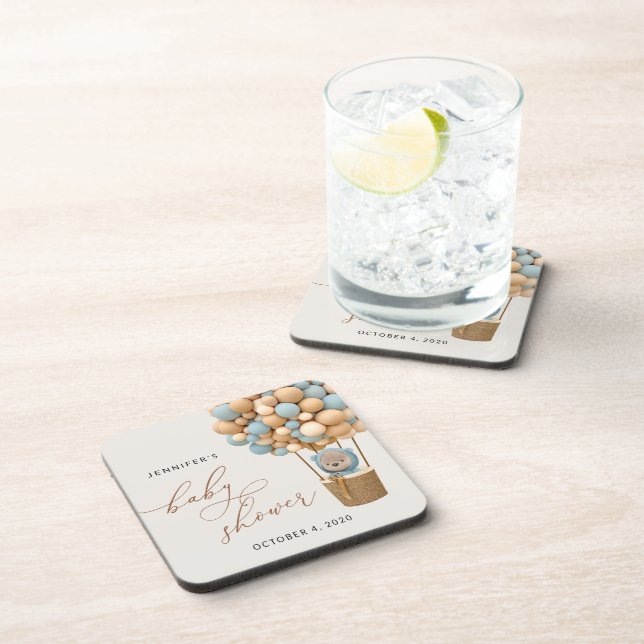 Bär, Blaue Balloons, Heißluftballon, Babydusche Getränkeuntersetzer (Rechte Seite)