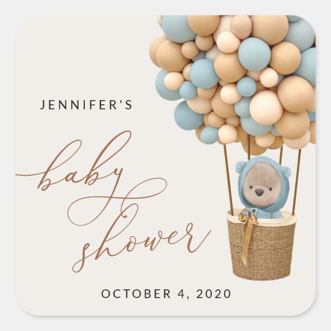 Bär, Blaue Balloons, Heißluftballon, Babydusche Quadratischer Aufkleber (Vorderseite)