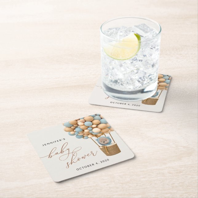 Bär, Blaue Balloons, Heißluftballon, Babydusche Rechteckiger Pappuntersetzer (Vor Ort)