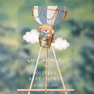 Bär, Blue Hot Air Ballon, Baby Dusche Willkommen Acrylschild