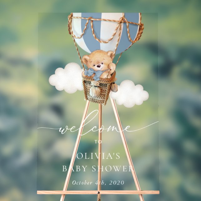 Bär, Blue Hot Air Ballon, Baby Dusche Willkommen Acrylschild (Neutral)