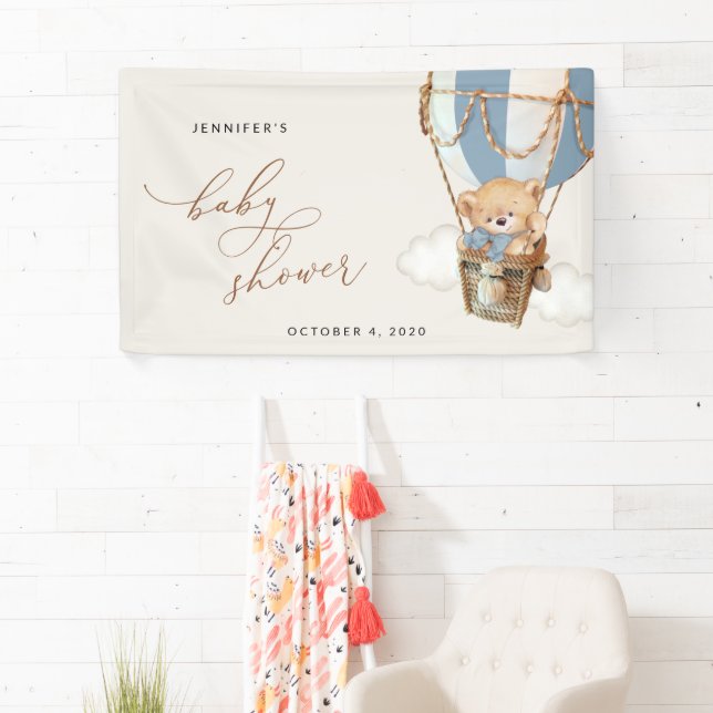 Bär, Blue Hot Air Ballon, Baby Dusche Willkommen Banner (Insitu)