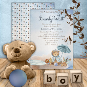 Bär Blue Umbrella Bearly Wait Boy Baby Dusche Einladung