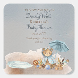 Bär | Blue Umbrella Bearly Wait Boy Baby Dusche Quadratischer Aufkleber