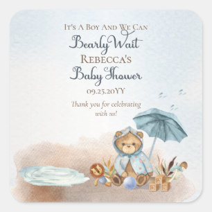 Bär   Blue Umbrella Bearly Wait Boy Baby Dusche Quadratischer Aufkleber