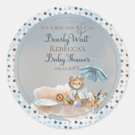 Bär | Blue Umbrella Bearly Wait Boy Baby Dusche Runder Aufkleber