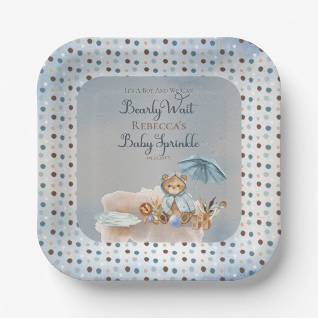 Bär | Blue Umbrella Bearly Wait Boy Baby Sprinkle Pappteller (Vorderseite)