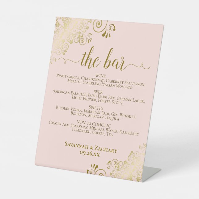 Bar Blush Pink & Gold Posh Drinks Menü Hochzeit Sockelschild (Vorderseite)